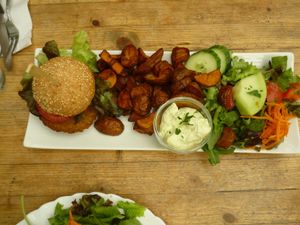 Burger with potatoe wedges at Cafe Affenbrot in Luebeck