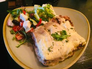 Lasagne, potato salad & greek salad - perfect yum! at Grey Cells Green in Windsor