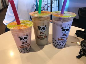 Strawberry tea with coconut milk and boba on the left at Bing's Boba Tea in Tucson