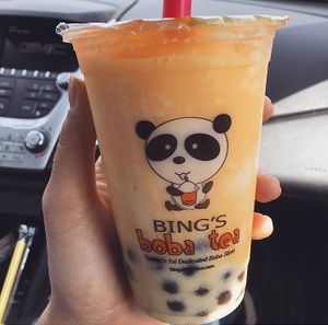 Passion fruit slush with soy milk. Slushes freeze the boba btw at Bing's Boba Tea in Tucson