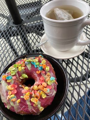Fruity Pebbles donut from Gay4U Vegan, paired with jasmine green tea at Luckyduck Bicycle Cafe in Oakland