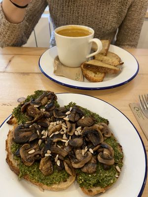 Moroccan lentil soup with sourdough & kale pesto with mushrooms on sourdough 😍 yum!!   at Steep & Filter in Skipton