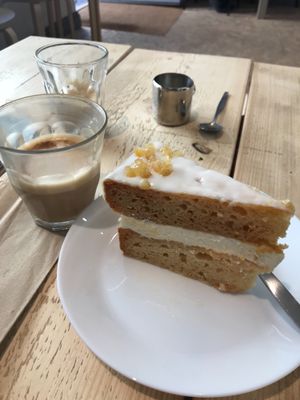 Vegan lemon, lime and elderflower cake with oat milk latte  at Steep & Filter in Skipton