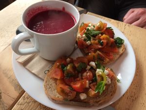 Beetroot soup and feta bruschetta  at Steep & Filter in Skipton