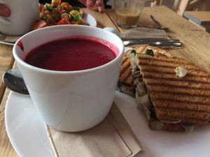 Beetroot soup and mushroom toastie  at Steep & Filter in Skipton
