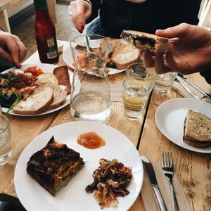 Veggie Breakfasts, Butternut Squash and Chickpea Quiche with salad, and Banana and ‘notella’ Toastie at Steep & Filter in Skipton