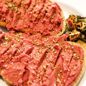 Pink hummus on toast  at Steep & Filter in Skipton