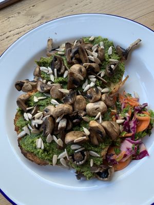 Mushroom toastie with kale and cashew pesto and sun flower seeds! at Steep & Filter in Skipton