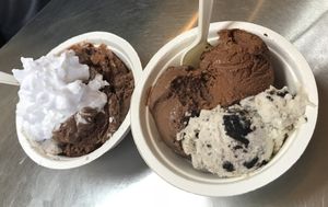 Vegan ice cream - chocolate salt malt, cookies-n-cream, and original chocolate - with vegan whipped cream. at The Pop Shop in Frederick