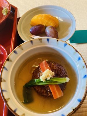 Hamburg and dessert course   at Tenryuji Temple Shigetsu in Kyoto