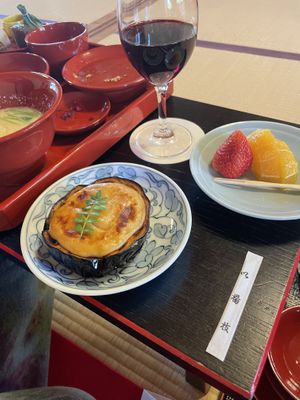 Fruit and really good baked eggplant that came later (also part of cheapest menu). Ignore the wine...   at Tenryuji Temple Shigetsu in Kyoto