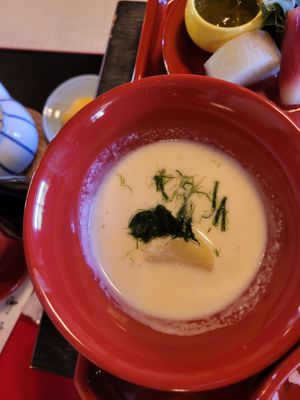 Cold soy and potato soup at Tenryuji Temple Shigetsu in Kyoto