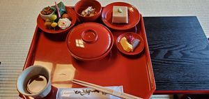 Goma-dofu (sesame tofu), soup, Tsukemono, Hojicha, etc at Tenryuji Temple Shigetsu in Kyoto