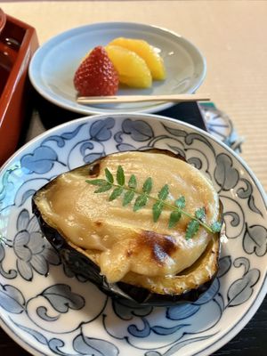 Eggplant with miso and dessert   at Tenryuji Temple Shigetsu in Kyoto