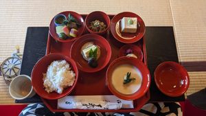 Part one of the smallest meal. Potato soup in bottom right corner was a surprise favourite, and the flavour of the two tofu dishes (centre and to right) were incredible at Tenryuji Temple Shigetsu in Kyoto