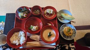 Photo including miso eggplant (bottom right) at Tenryuji Temple Shigetsu in Kyoto