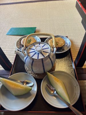 The Miso Eggplant and Melon of the 雪 Yuki set menuu  at Tenryuji Temple Shigetsu in Kyoto