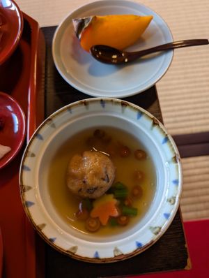 Persimmon and sweet dessert at Tenryuji Temple Shigetsu in Kyoto