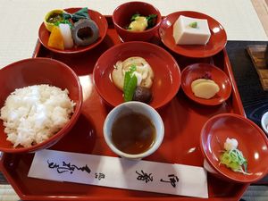 This was the 3300 menu, there was also a couple more dishes and a soy milk hotpot. at Tenryuji Temple Shigetsu in Kyoto