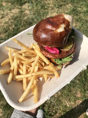 Impossible burger on a pretzel bun at Original Herbivore - Food Truck in Los Angeles