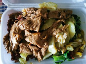 The food is simply healthy and delicious and only $3 for brown rice and 3 dishes😄eating heartily :) at Yum Yum Yummy Vegetarian - Bukit Merah Central in Central Singapore