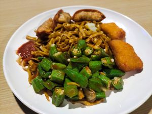 Mee pok with dishes at Yum Yum Yummy Vegetarian - Bukit Merah Central in Central Singapore
