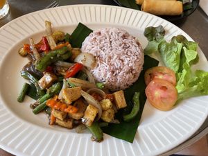 Rice with tofu, mixed veg and black pepper, 79 baht  at Connect Cafe in Chiang Rai