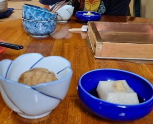 Sésame Tofu, and Lotus bulbs in a fried Tofu ball at Seizan Sodo in Kyoto
