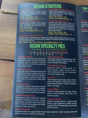 Vegan menu  at Fine Folk Pizza in Fort Myers