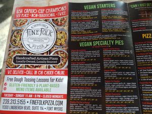 Vegan section of menu at Fine Folk Pizza in Fort Myers