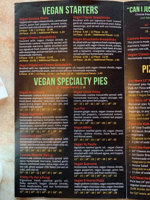 Vegan menu clearly markedd  at Fine Folk Pizza in Fort Myers