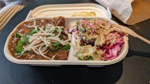 Black bean curry, with two salads at Iku Wholefoods Kitchen - Martin Place in Sydney