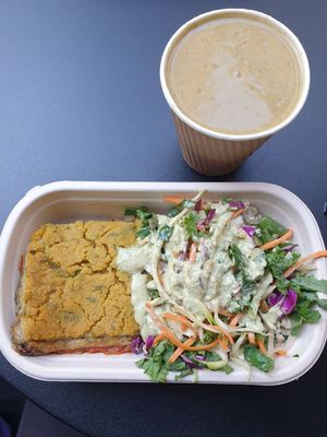 Broccoli soup $8.90, Eggplant & spinach lasagne w/3 salads $17.90 at Iku Wholefoods Kitchen - Martin Place in Sydney
