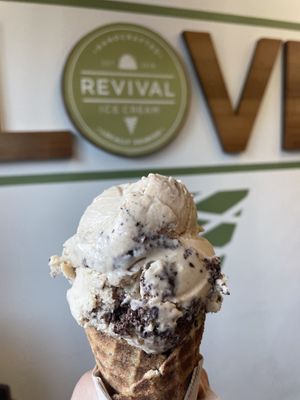 Peanut butter chip on a waffle cone  at Revival Ice Cream in Monterey