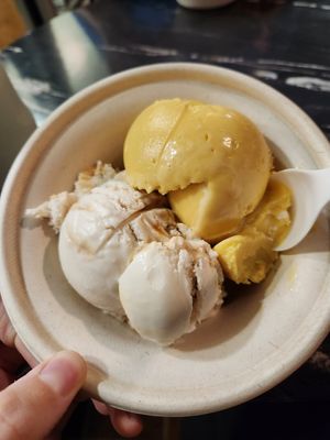 Dairy free bees knees (contains honey) and passion fruit mango sorbet at Revival Ice Cream in Monterey