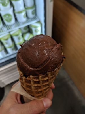 Chocolate praline dairy free ice cream, with vegan, gluten free waffle cone. at Revival Ice Cream in Monterey