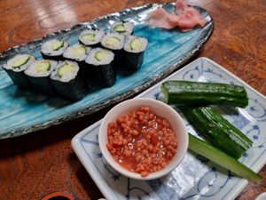 Cucumber sushi and cucumber with miso at Wakagiri in Nozawaonsen