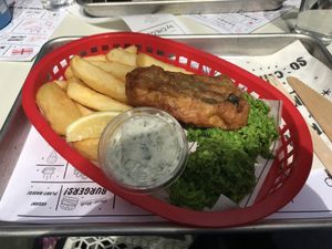 Vegan fish and chips with tartar sauce at By Chloe - Tower Bridge in London
