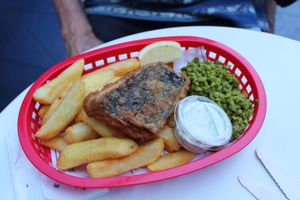 Fish n’ Chips - the fish is made out of Tofu at By Chloe - Tower Bridge in London