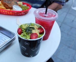 Avocado Pesto Pasta   and Seasonal Lemonade with watermelon and raspberry   at By Chloe - Tower Bridge in London