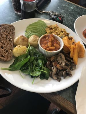 Big vegan breakfast. Tofu scramble, pumpkin, avocado, toast spinach, mushroom and baked beans   at Badde Manors in Glebe