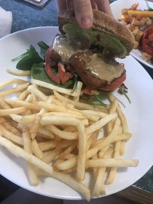 Vegan satay tofu burger oh my god! This tasted absolutely delicious. Full of flavour and totally worth the price too.  at Badde Manors in Glebe