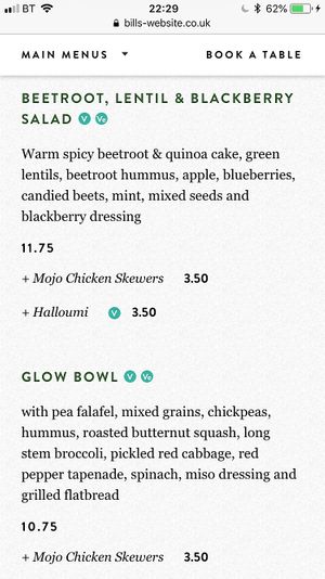 Salads on lunch menu at Bill's in Dartford