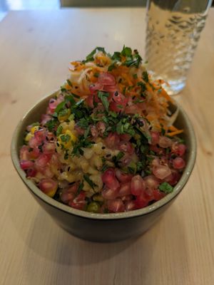 Rice bowl with spices, mushrooms, bell peppers, peanuts, tahini and a lot more goodness (deceivingly small but ultra fulfilling) at O Macrobiotico in Porto