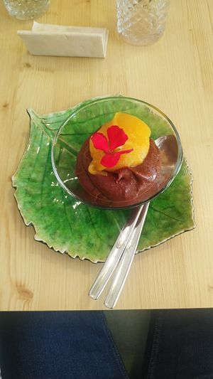 Mousse de cacau com "ovos moles" at O Macrobiotico in Porto