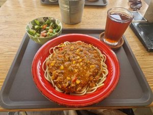 Lunch set CVE850. They tend to have 2 dishes of the day to choose from. This was a soya spag bol. at Tambake in Praia