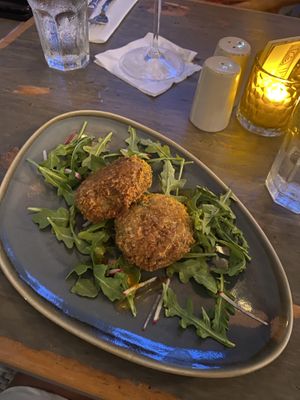 Starter: kelp cakes (made from chickpeas, potato and saffrons aioli)   at Village Pantry in Hamilton