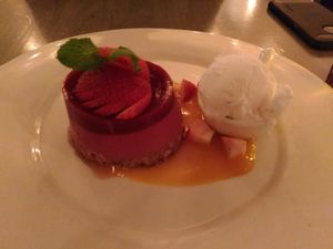 Vegan avocado raspberry moose and coconut ice cream with mango sauce at Village Pantry in Hamilton