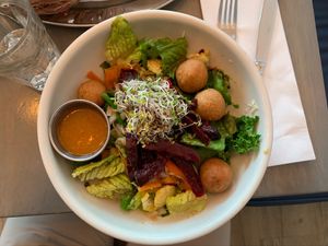 Buddha Bowl with falafel (ask for vegan dressing) at Village Pantry in Hamilton