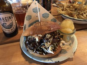 Seitan burger and fries at La Central in Barcelona